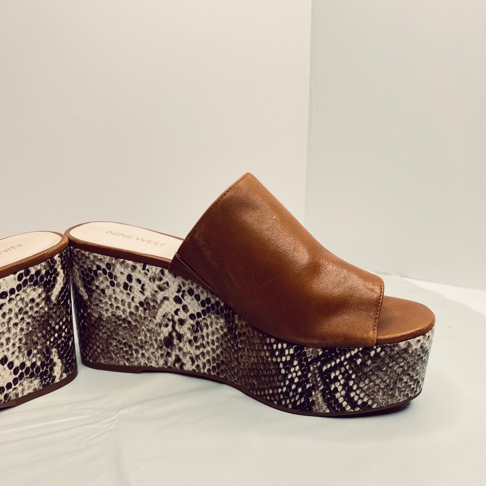 Nine West Platform Slides Snakeskin Heel Leather Sz 8 Boho Wedge Animal‎ Print - Picture 4 of 10